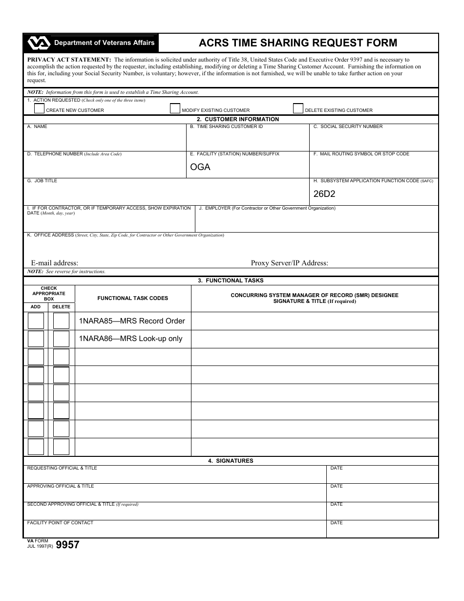 VA Form 9957 Acrs Time Sharing Request Form, Page 1