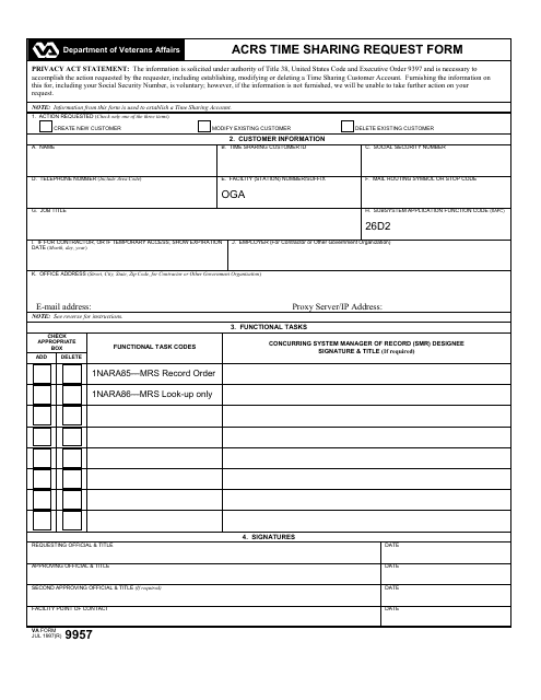 VA Form 9957 Acrs Time Sharing Request Form
