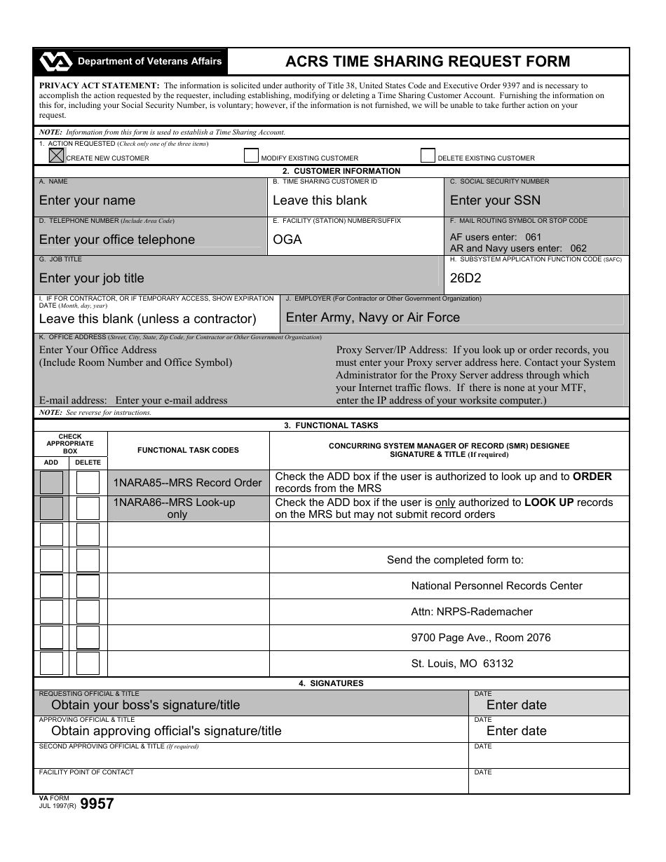 Sample VA Form 9957 Acrs Time Sharing Request Form, Page 1