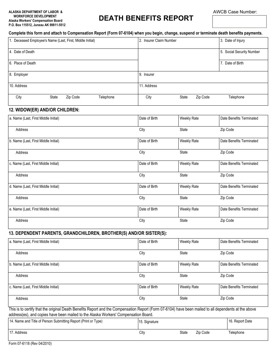 Form 07-6118 Death Benefits Report - Alaska, Page 1