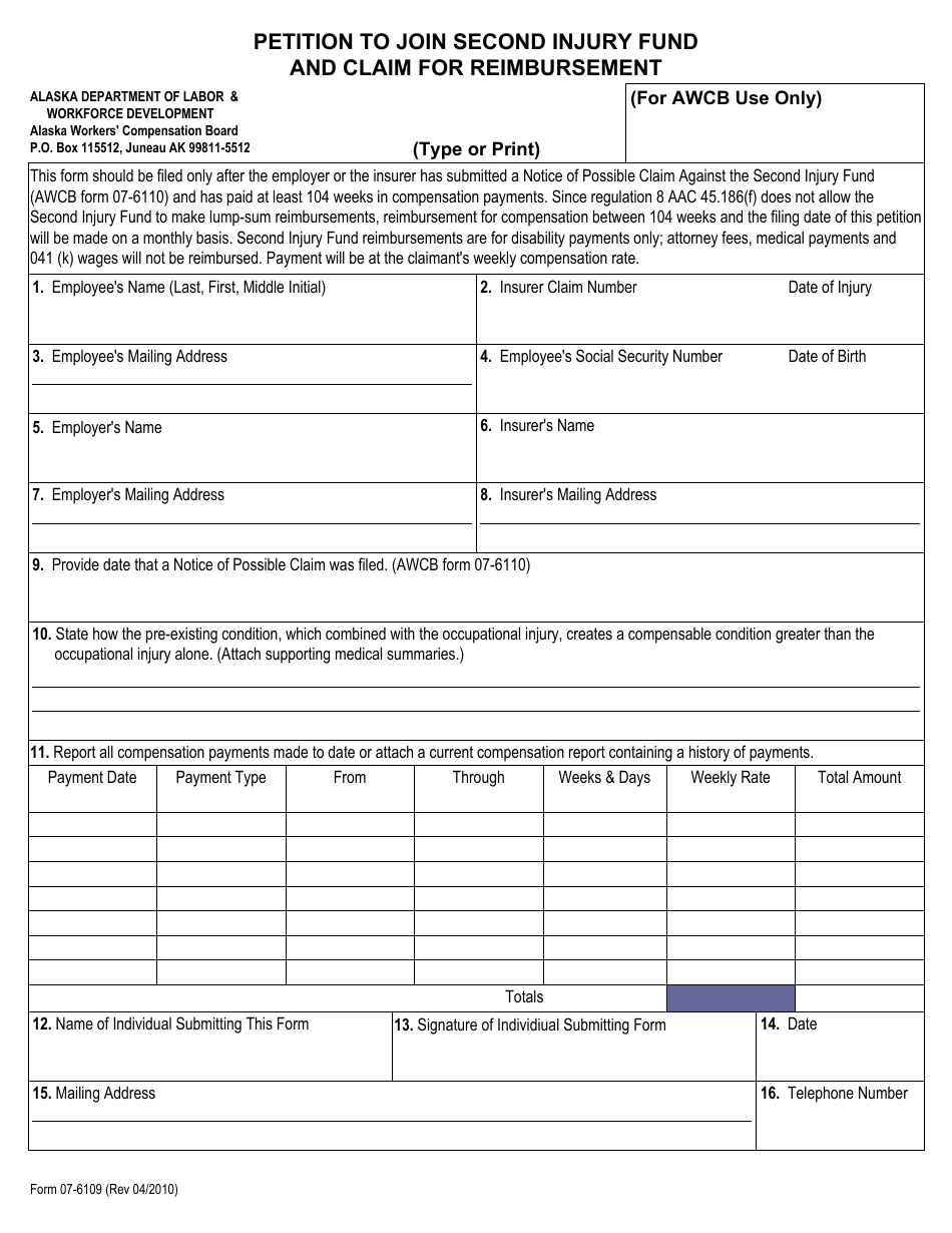 Form 07-6109 Petition to Join Second Injury Fund and Claim for Reimbursement - Alaska, Page 1