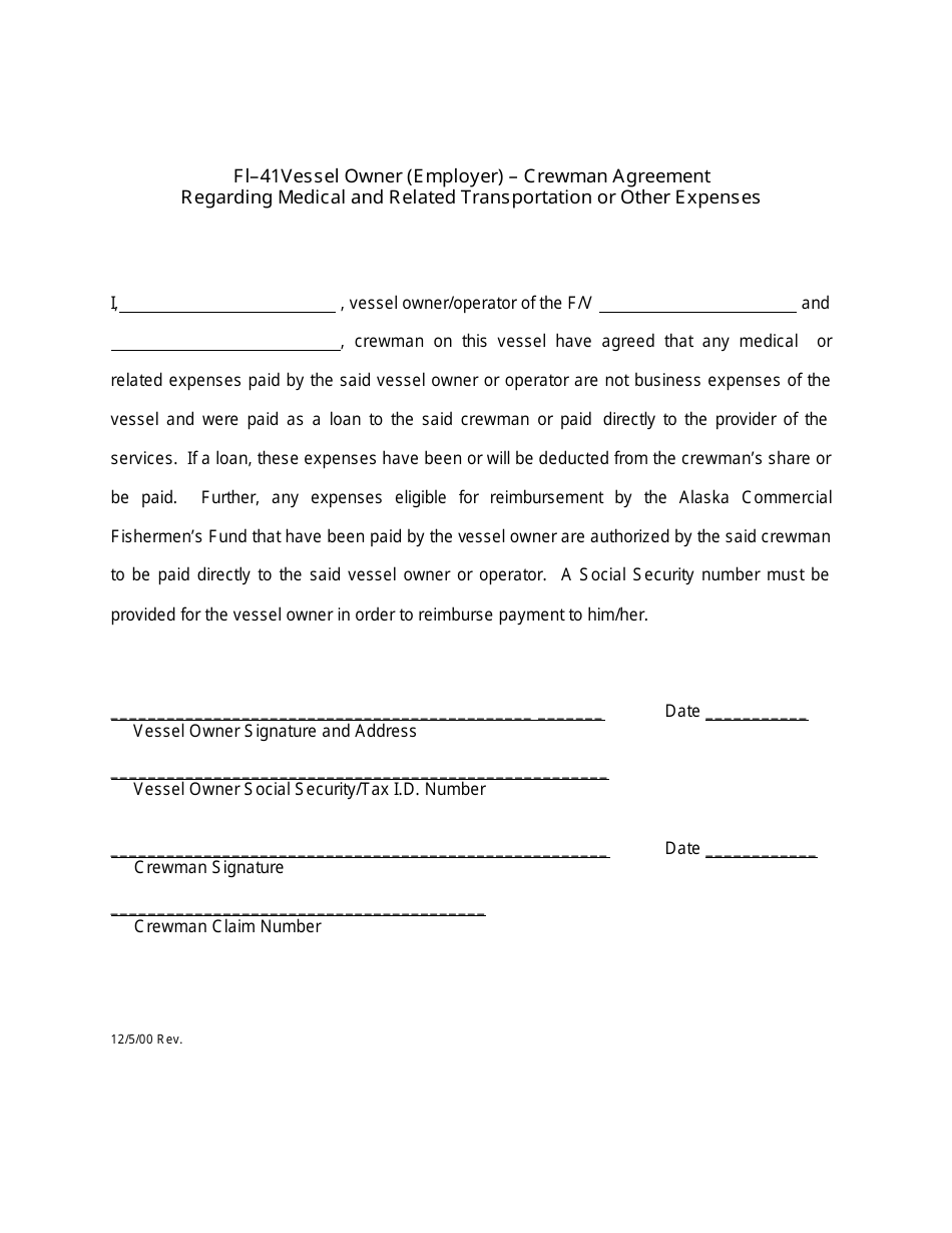 Form FI-41 Vessel Owner (Employer) - Crewman Agreement Regarding Medical and Related Transportation or Other Expenses - Alaska, Page 1