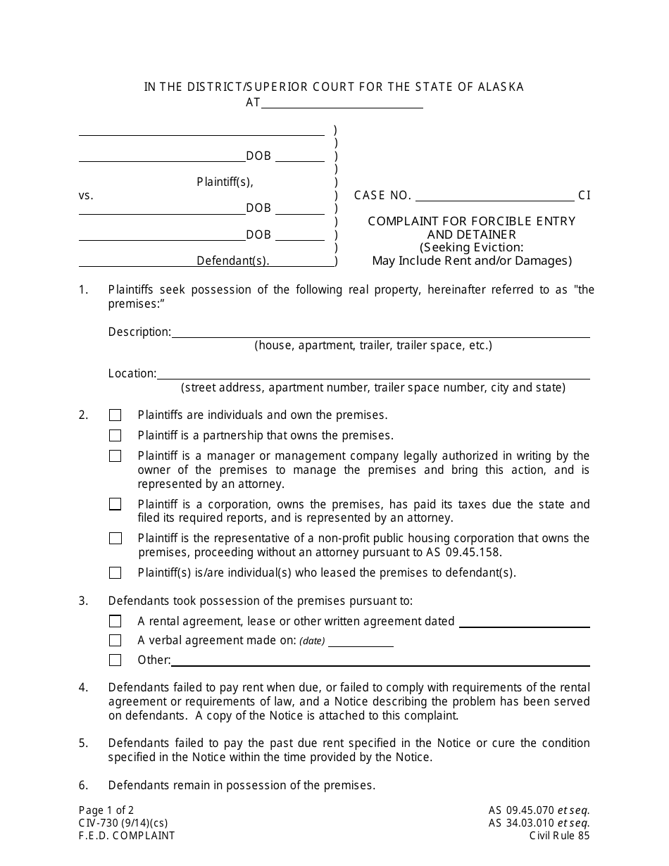 Form CIV-730 Complaint for Forcible Entry and Detainer - Alaska, Page 1