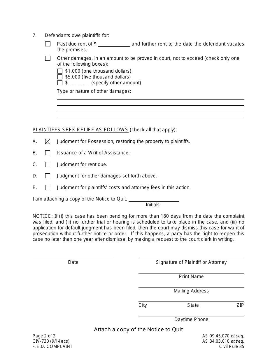 Form CIV-730 Complaint for Forcible Entry and Detainer - Alaska, Page 2