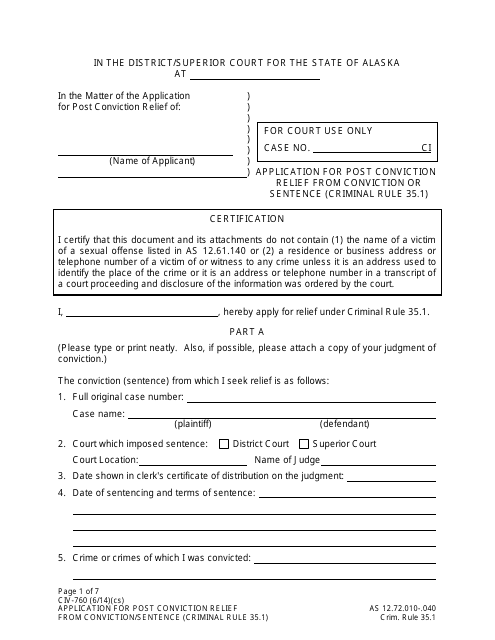 Form CIV-760 Application for Post Conviction Relief From Conviction or Sentence - Alaska