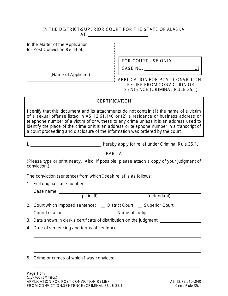 Form CIV-760 Application for Post Conviction Relief From Conviction or Sentence - Alaska, Page 1