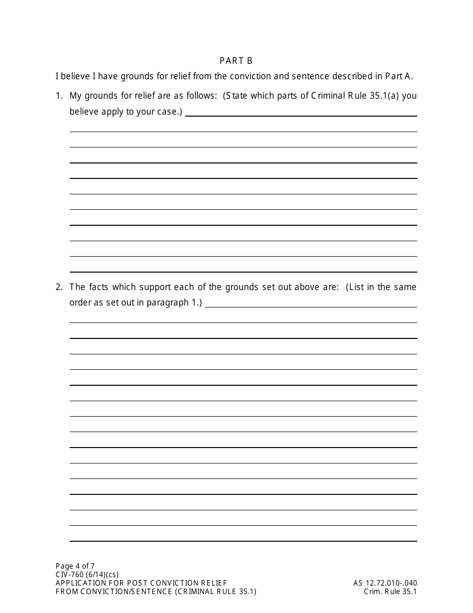Form CIV-760 Application for Post Conviction Relief From Conviction or Sentence - Alaska, Page 4