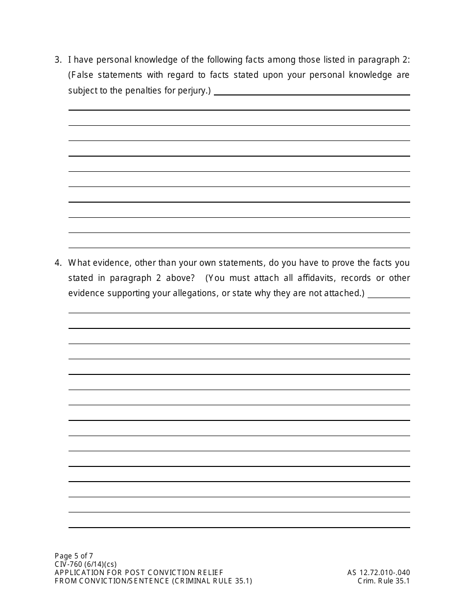 Form CIV-760 Application for Post Conviction Relief From Conviction or Sentence - Alaska, Page 5