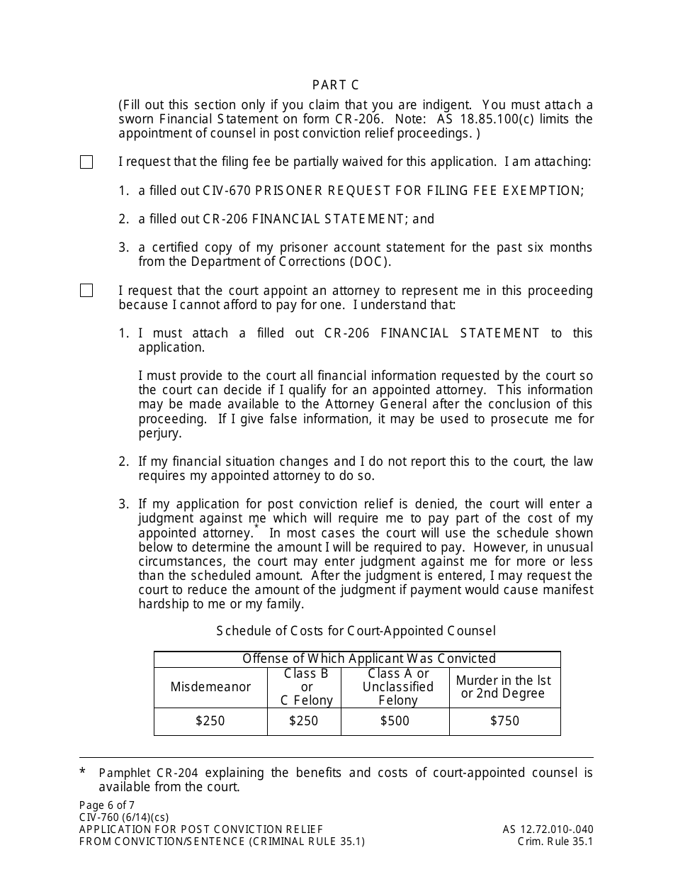 Form CIV-760 Application for Post Conviction Relief From Conviction or Sentence - Alaska, Page 6