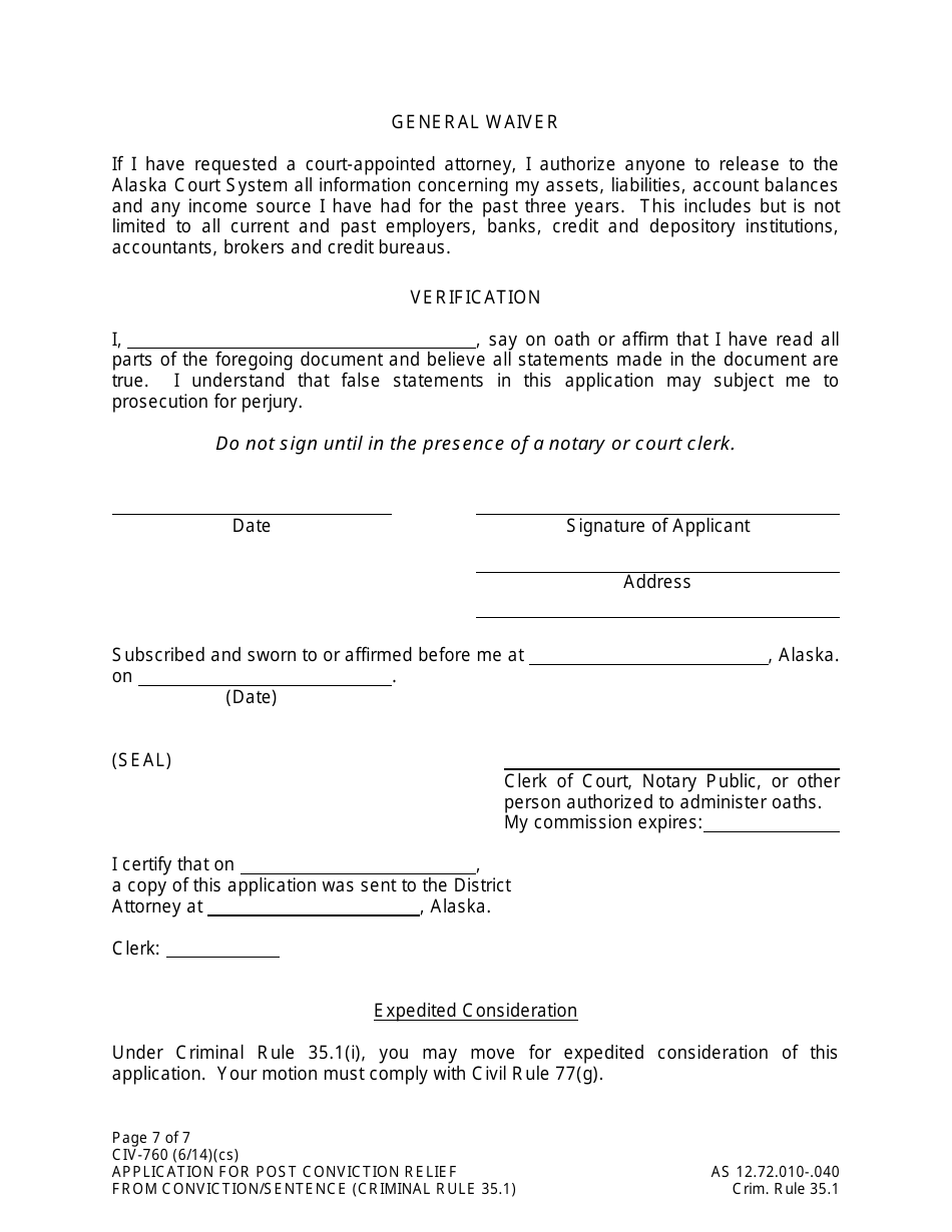 Form CIV-760 Application for Post Conviction Relief From Conviction or Sentence - Alaska, Page 7