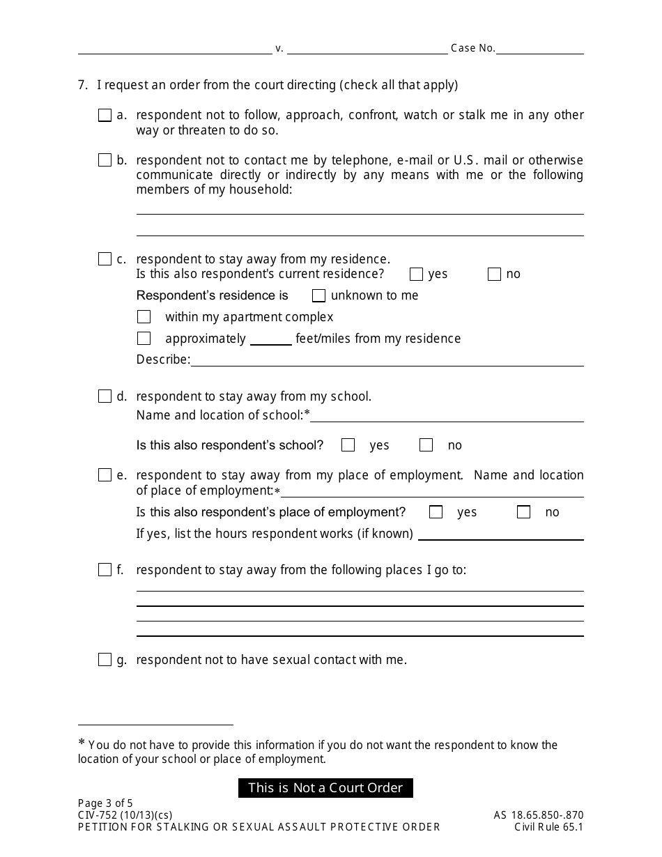Form CIV-752 Petition for Stalking or Sexual Assault Protective Order - Alaska, Page 3