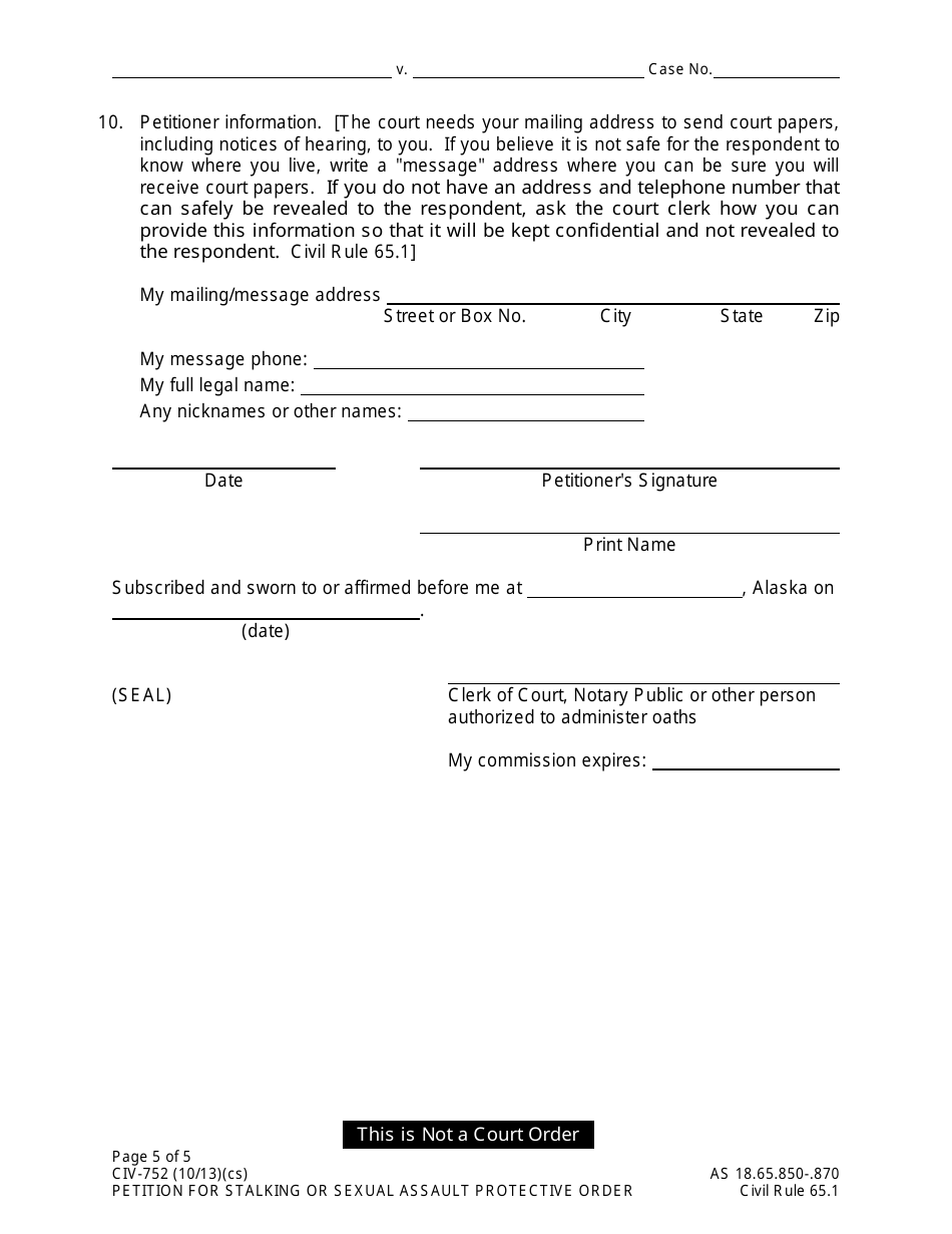 Form CIV-752 Petition for Stalking or Sexual Assault Protective Order - Alaska, Page 5