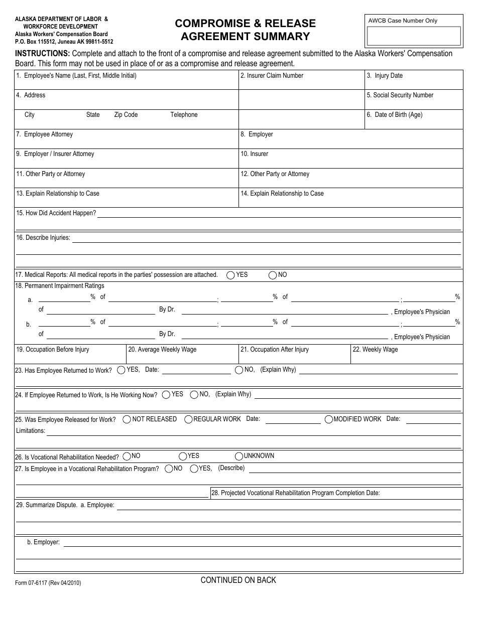 Form 07-6117 Compromise and Release Agreement Summary - Alaska, Page 1