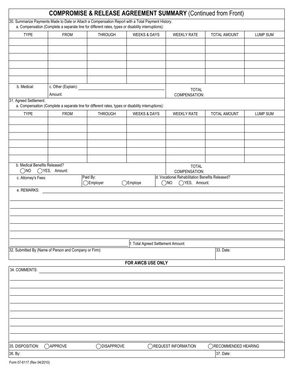 Form 07-6117 Compromise and Release Agreement Summary - Alaska, Page 2
