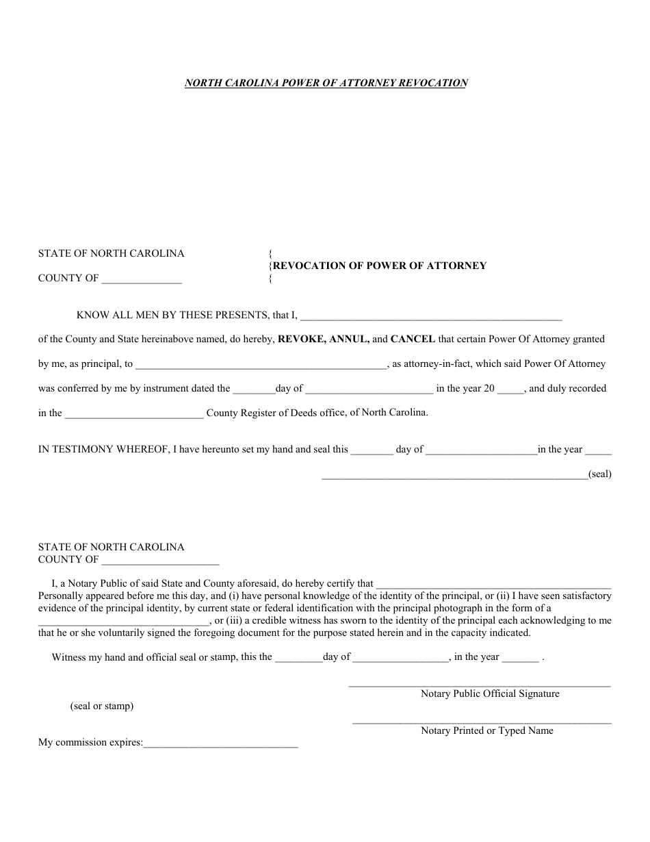 Power of Attorney Revocation Template - North Carolina, Page 1