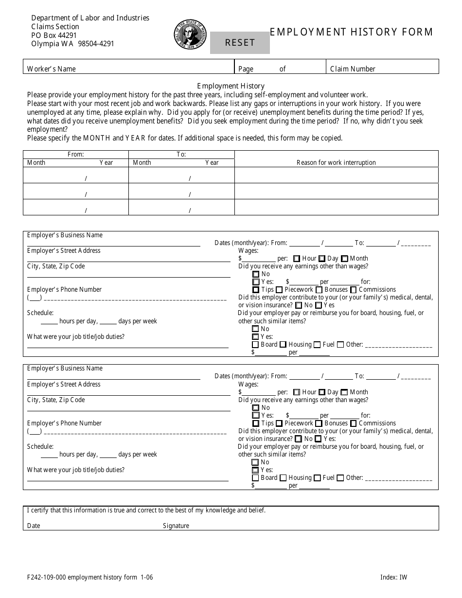 Form F242-109-000 Employment History Form - Washington, Page 1