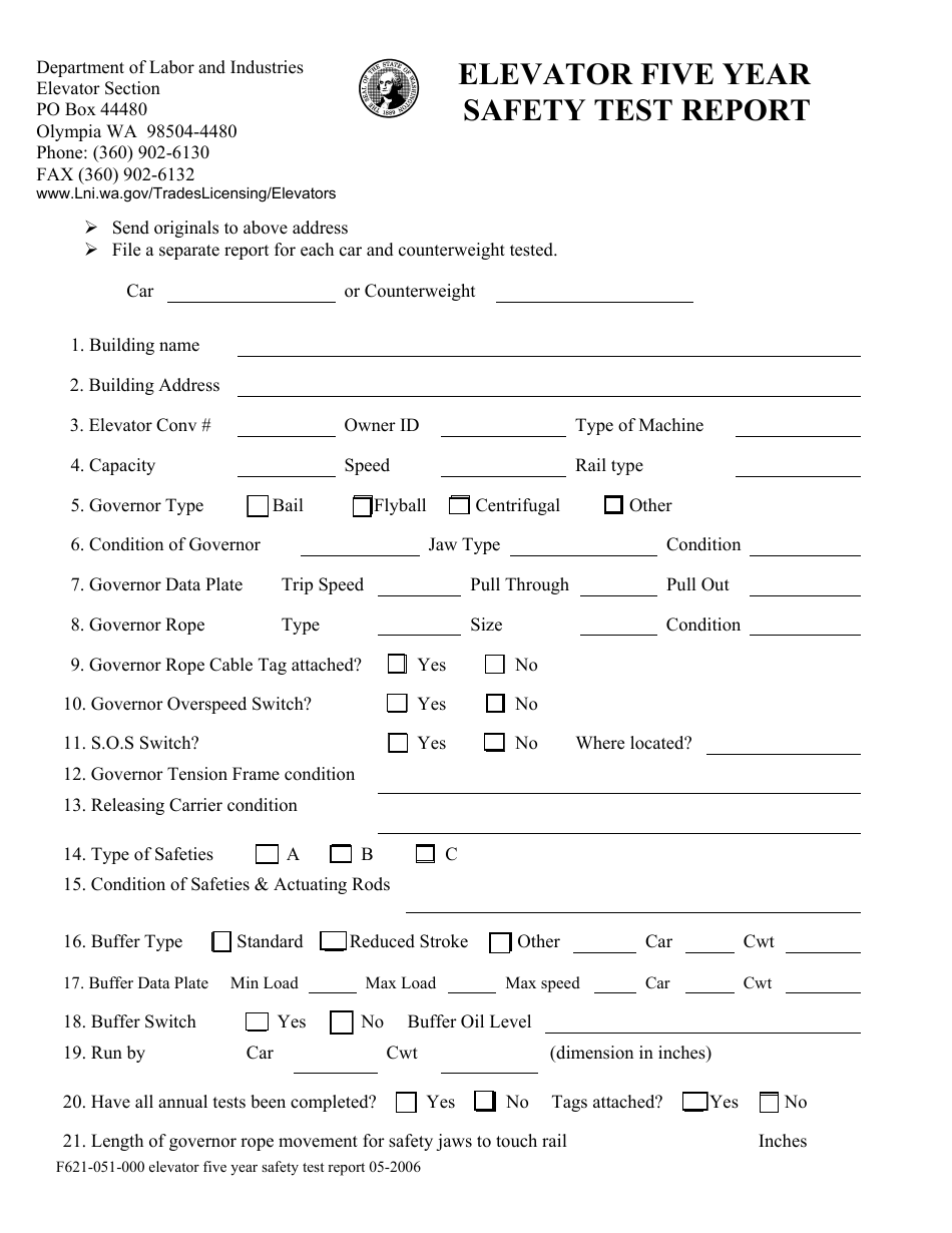 Form F621-051-000 Elevator Five Year Safety Test Report - Washington, Page 1