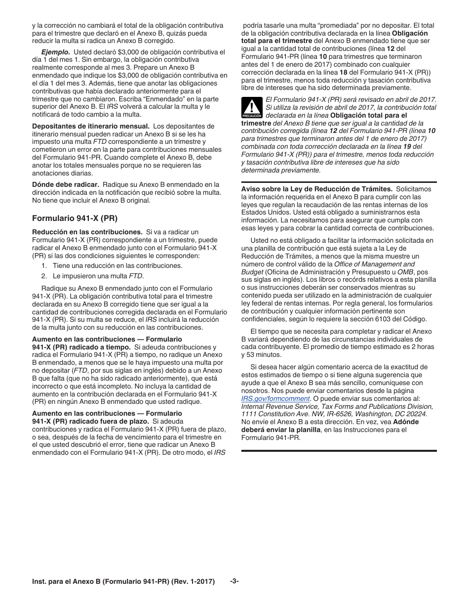 Instrucciones para IRS Formulario 941-PR Anexo B Registro De La Obligacion Contributiva Para Los Depositantes De Itinerario Bisemanal (Puerto Rican Spanish), Page 3