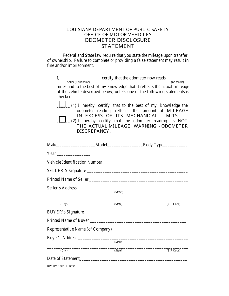 Form DPSMV1606 Odometer Disclosure - Louisiana, Page 1