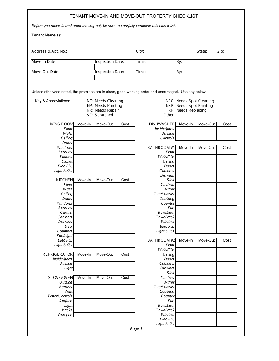 Tenant Move In And Move Out Property Checklist Template Download Fillable PDF Templateroller