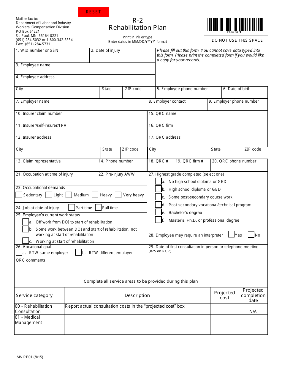 Form MN RE01 R2 Rehabilitation Plan - Minnesota, Page 1