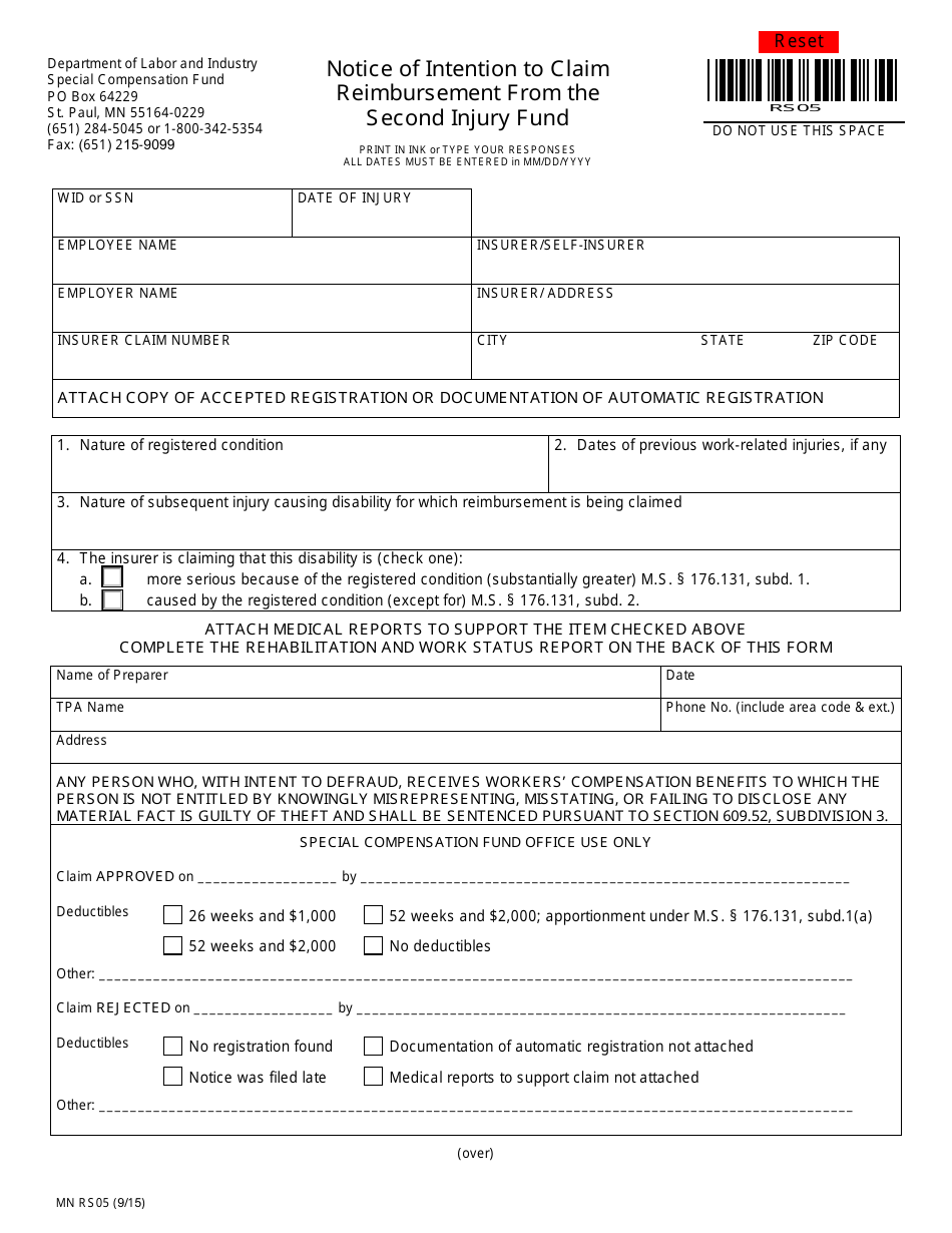 Form MN RS05 Notice of Intention to Claim Reimbursement From the Second Injury Fund - Minnesota, Page 1