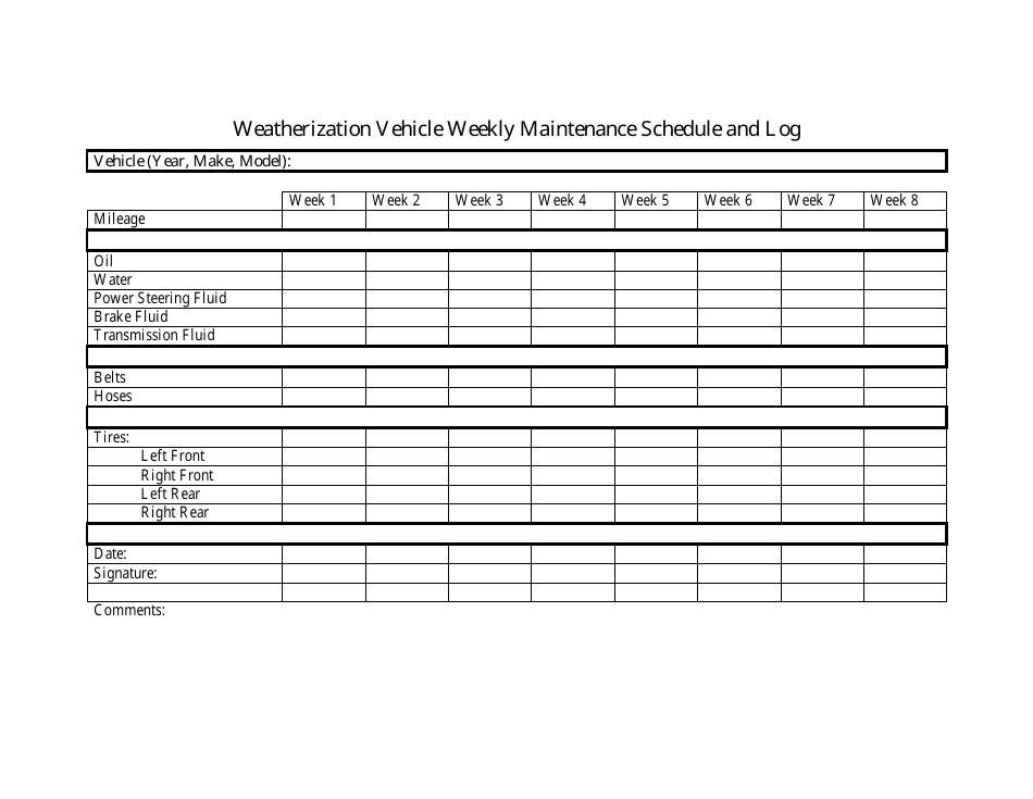 Weatherization Vehicle Weekly Maintenance Schedule and Log Template