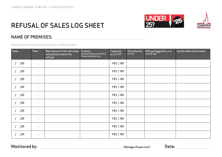 &quot;Refusal of Sales Log Sheet - Chesterfield Borough Council&quot; Download Pdf