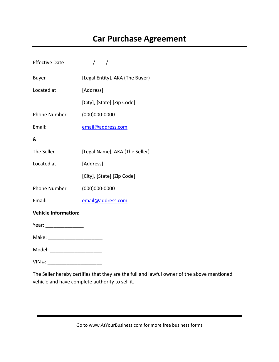 Car Purchase Agreement Template, Page 1
