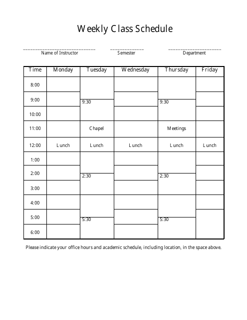 Weekly Class Schedule Template - Table
