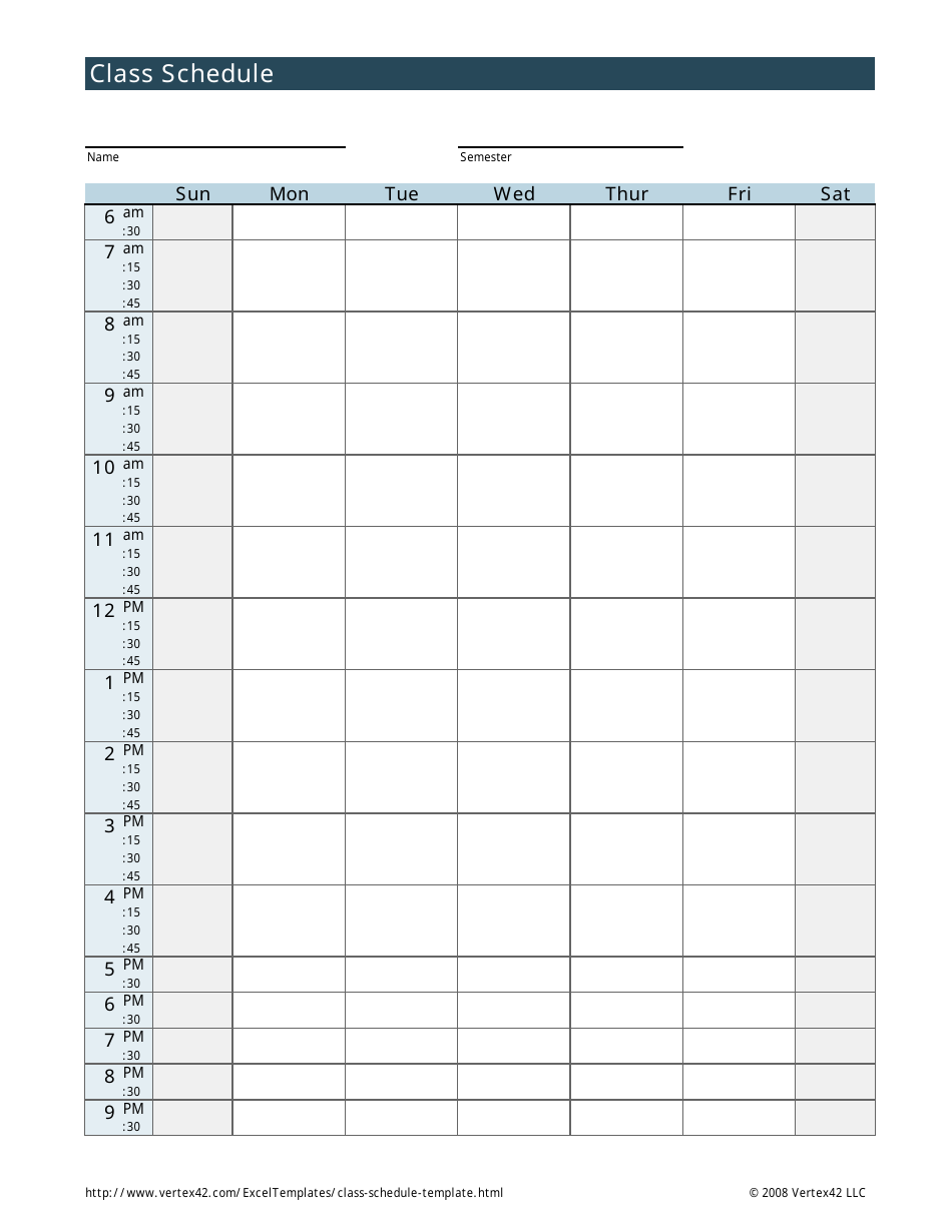 Weekly Class Schedule Template, Page 1