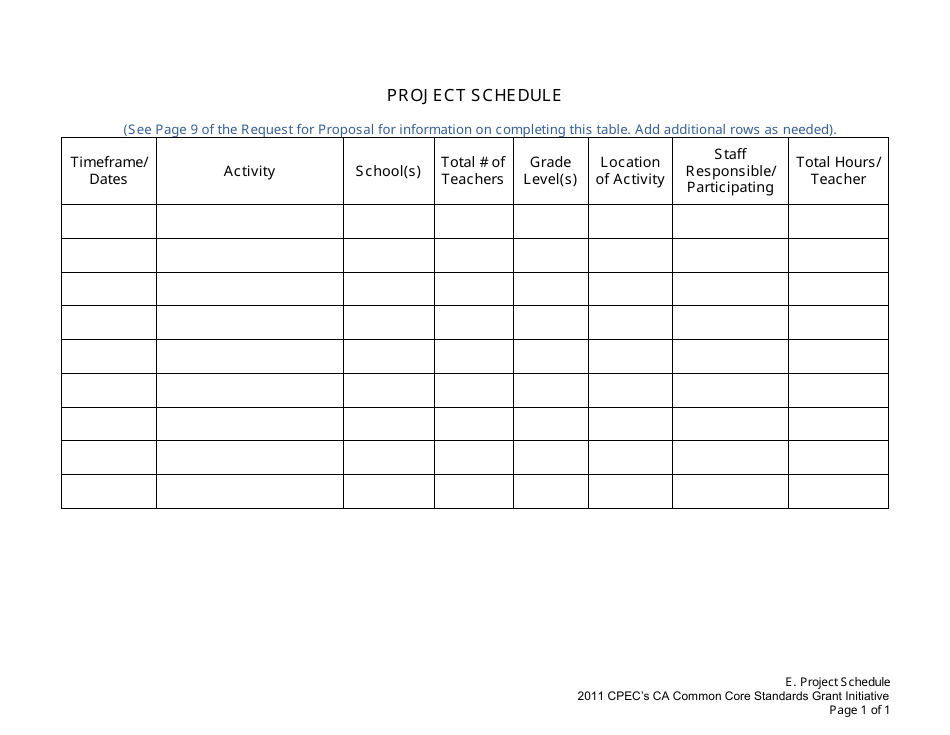 Project Schedule Template for Common Core Standards Grant Initiative
