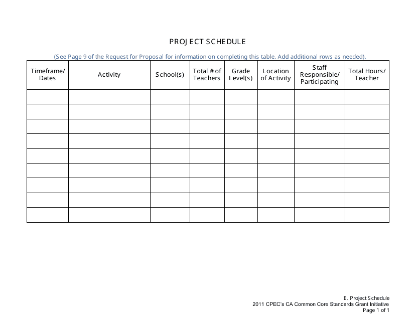 Project Schedule Template Common Core Standards Grant Initiative