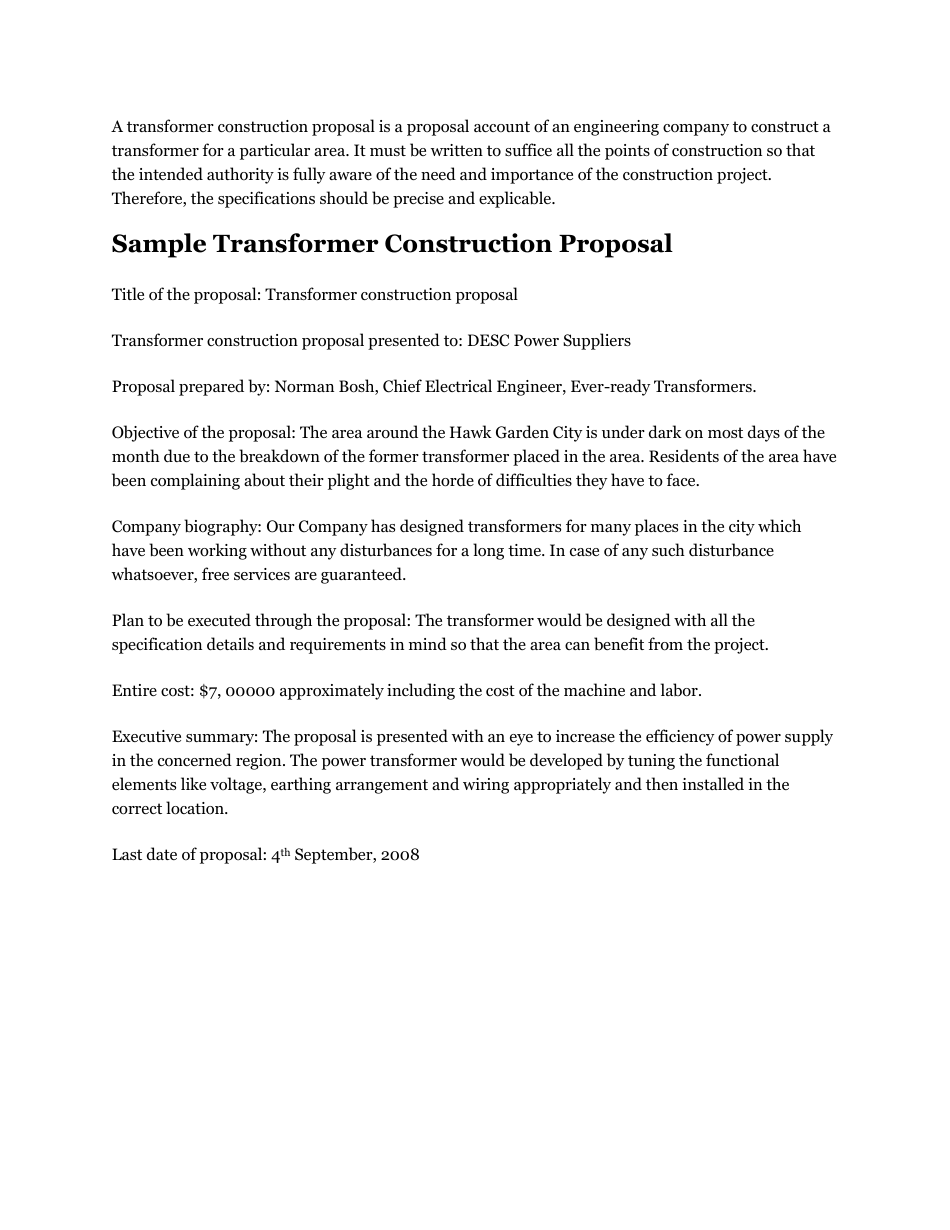 Sample Transformer Construction Proposal - Document Preview