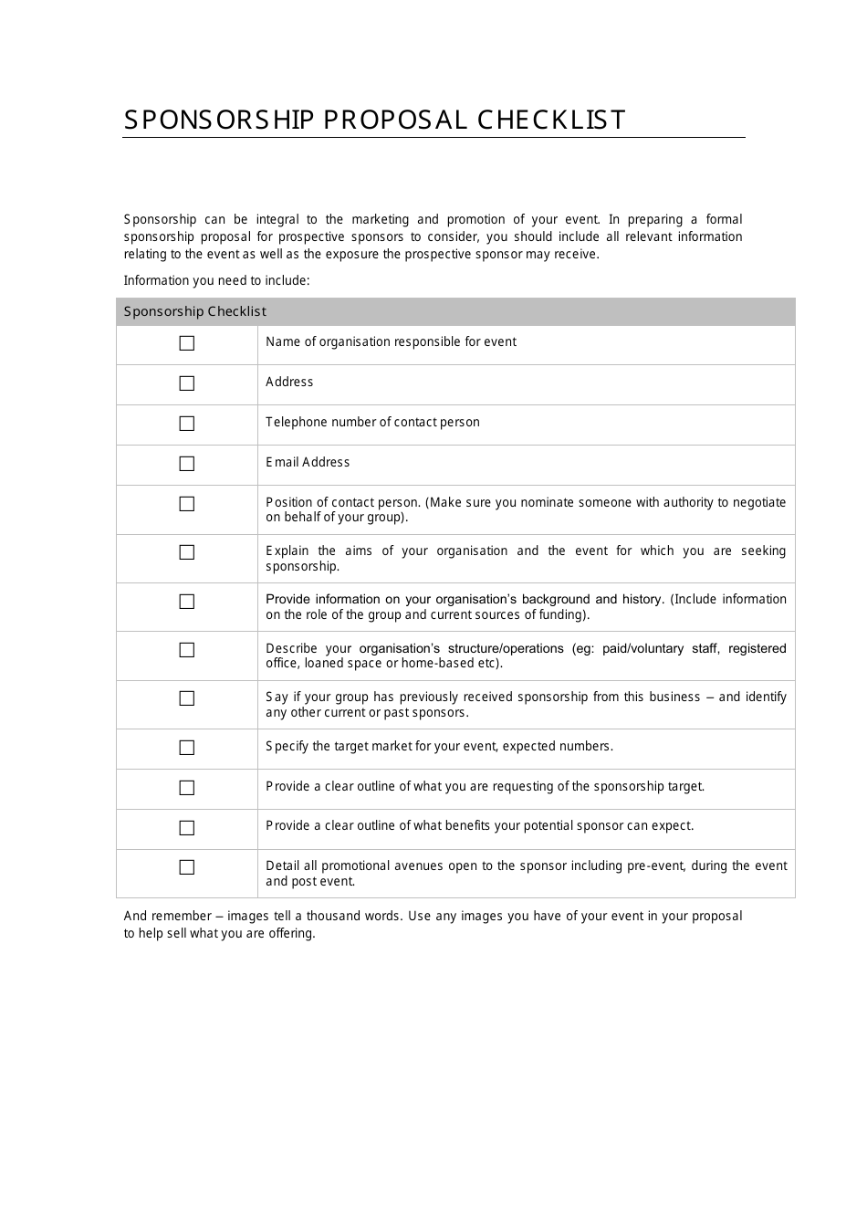 Sponsorship proposal checklist template preview