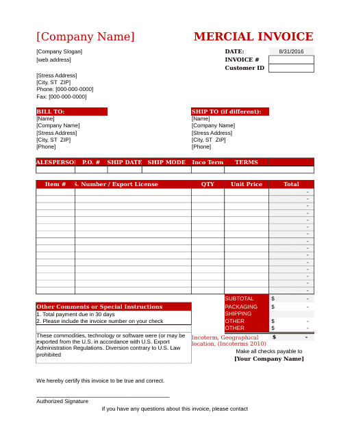 Mercial Invoice Template Download Pdf