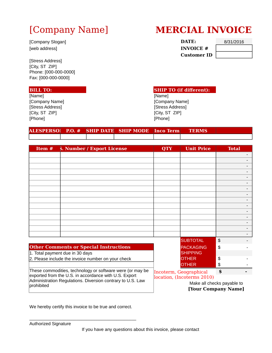 Mercial Invoice Template - Fill Out, Sign Online and Download PDF ...