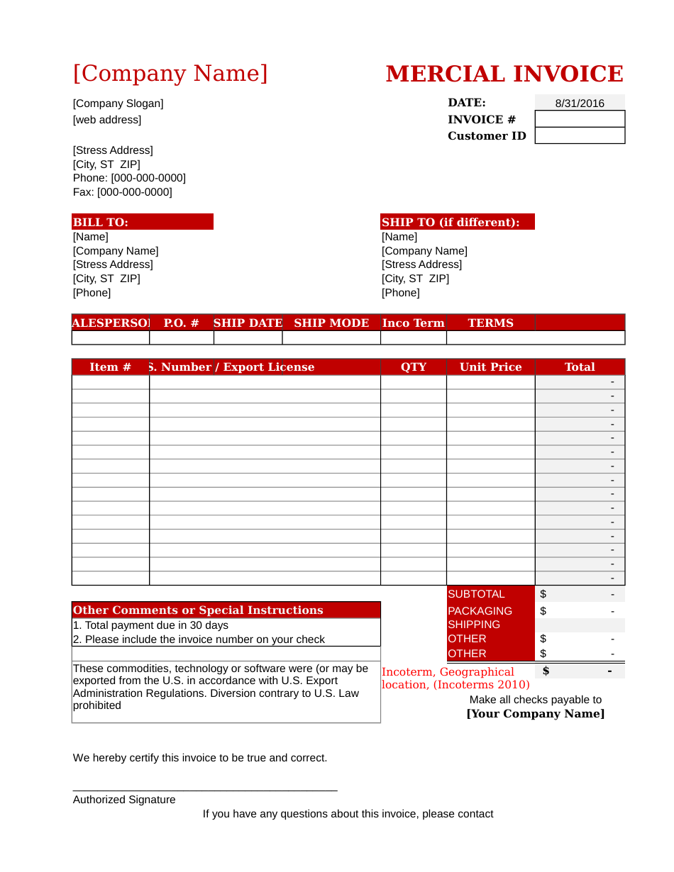 Mercial Invoice Template, Page 1