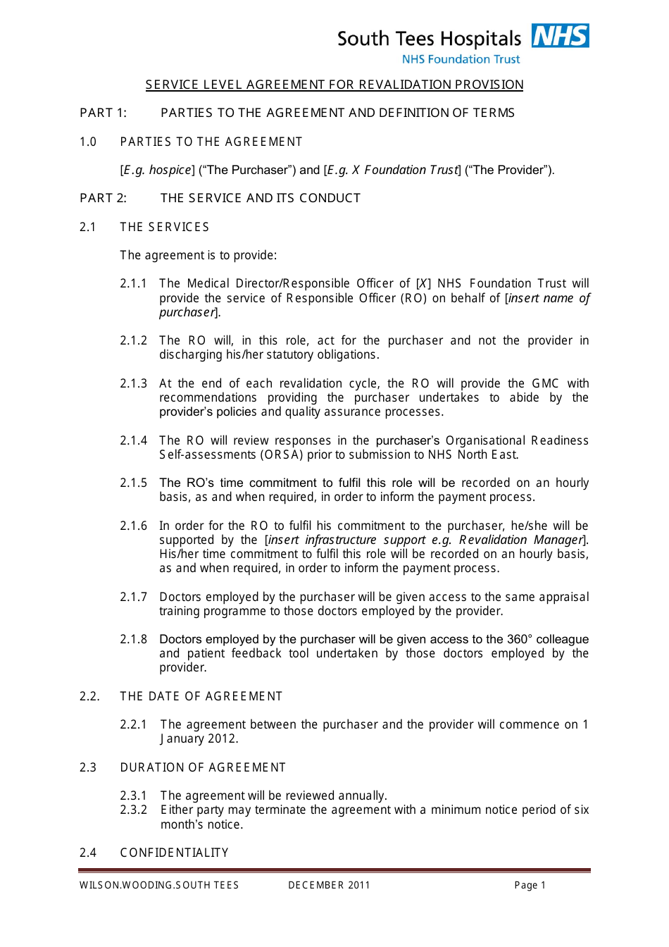 Service Level Agreement for Revalidation Provision - South Tees Hospitals - Nhs Foundation Trust - United Kingdom, Page 1