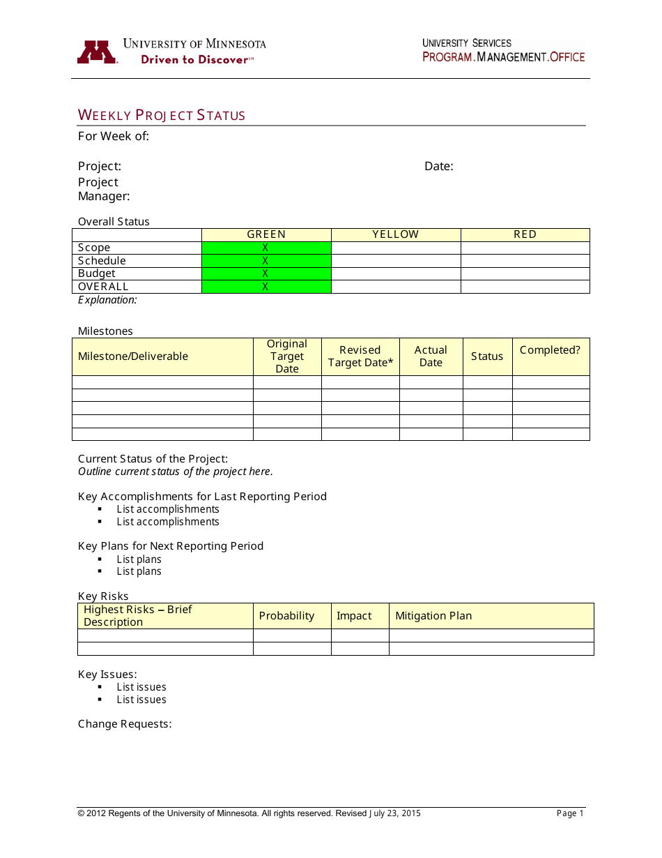 Weekly Project Status Report Template - University of Minnesota, Page 1