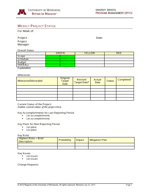 Weekly Project Status Report Template - University of Minnesota Download Pdf