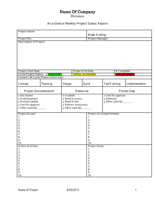 At-A-glance Weekly Project Status Report Template