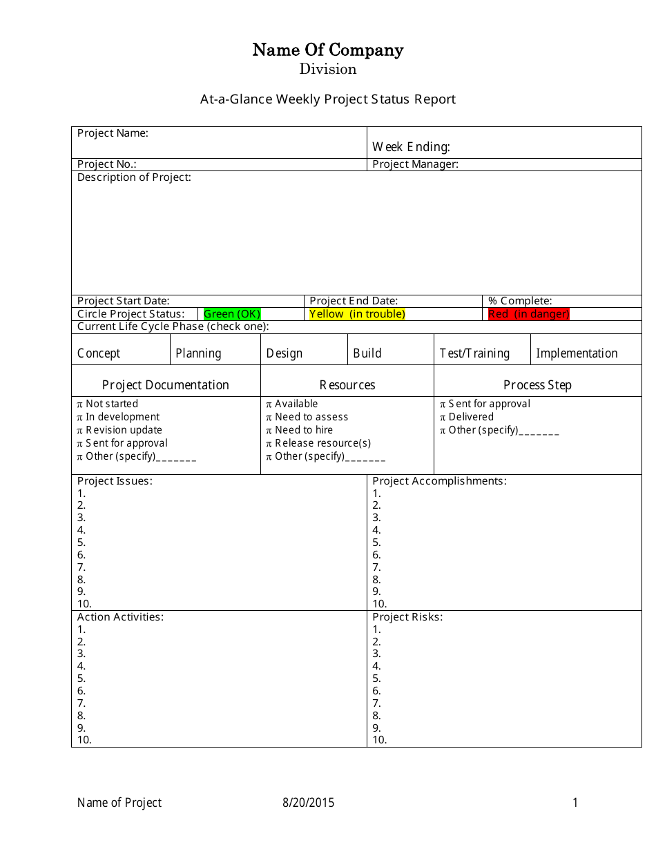 At-A-glance Weekly Project Status Report Template Download