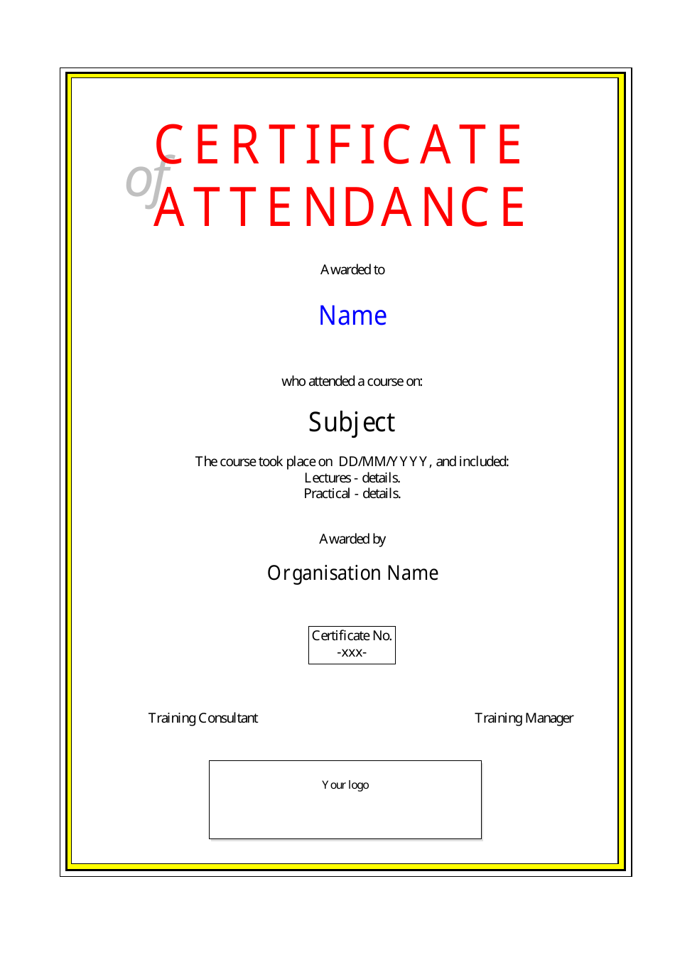 Red Certificate of Attendance Template