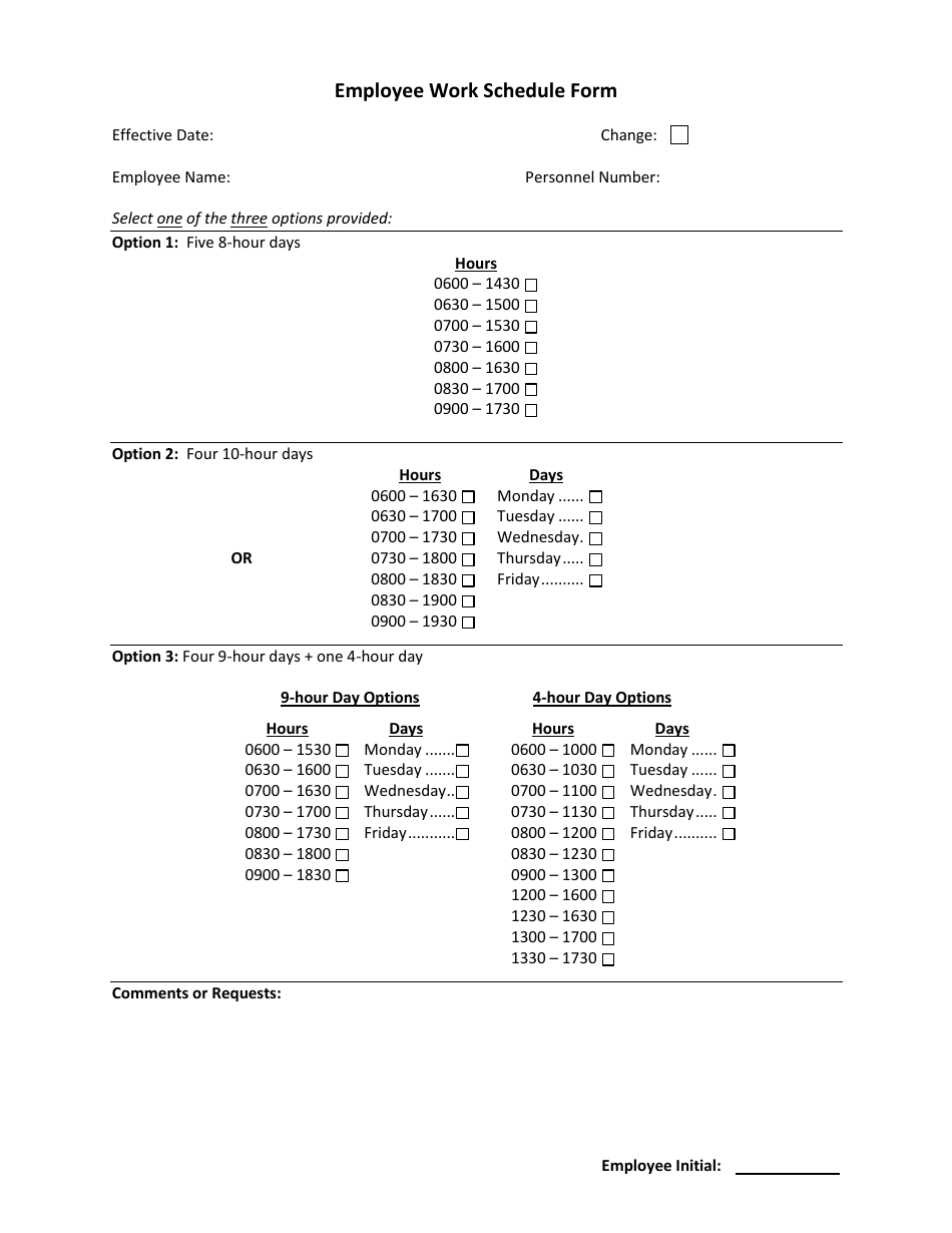 Employee Work Schedule Template - With Hours, Page 1