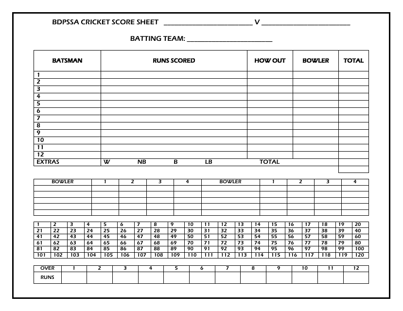 cricket score sheet without bowler detail