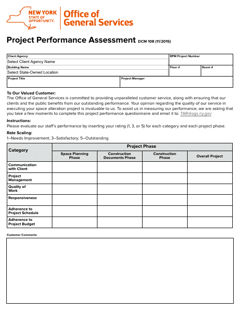 Form DCM108 Project Performance Assessment - New York