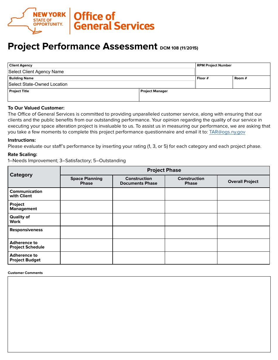Form DCM108 Project Performance Assessment - New York, Page 1