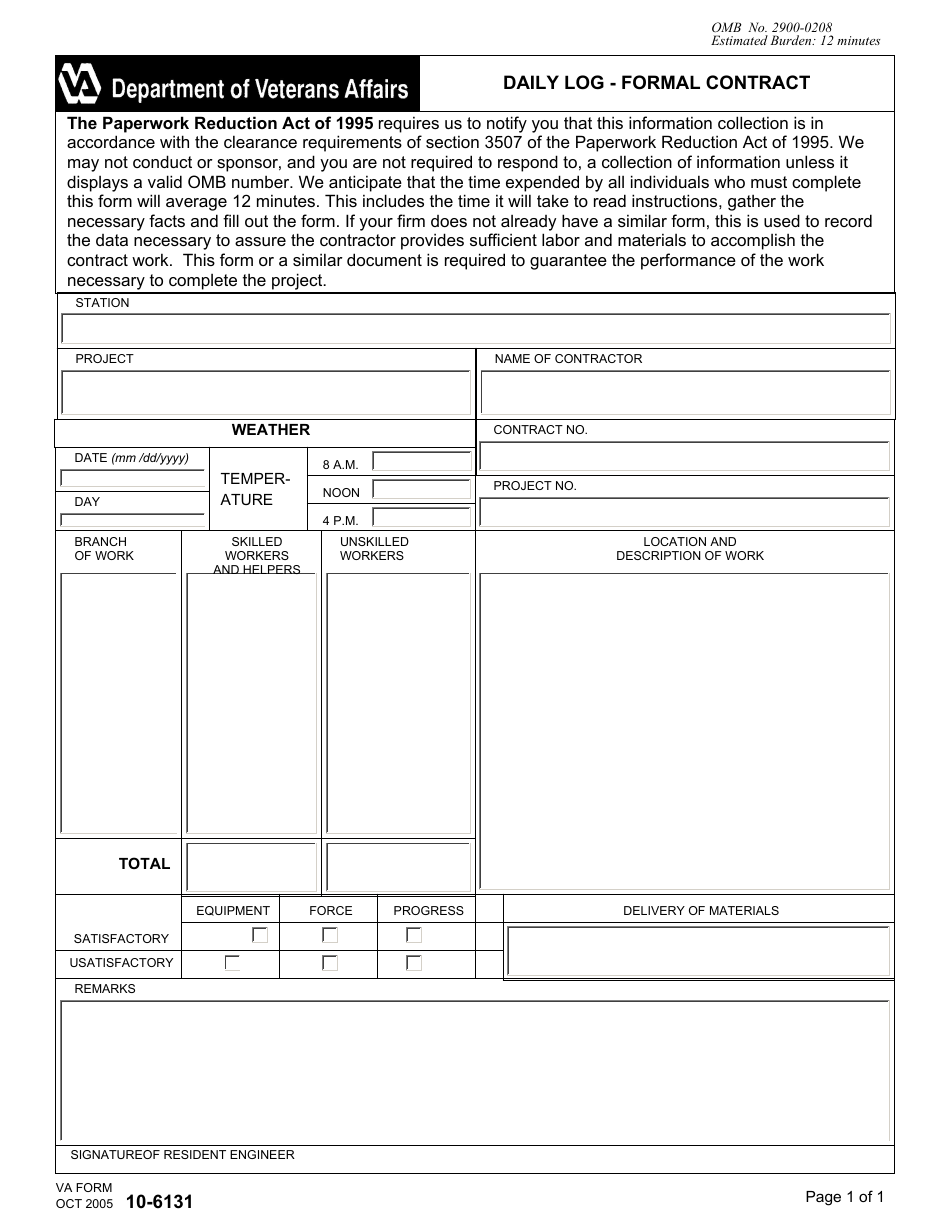 VA Form 10-6131 Daily Log - Formal Contract, Page 1