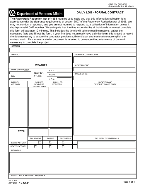 VA Form 10-6131 Daily Log - Formal Contract